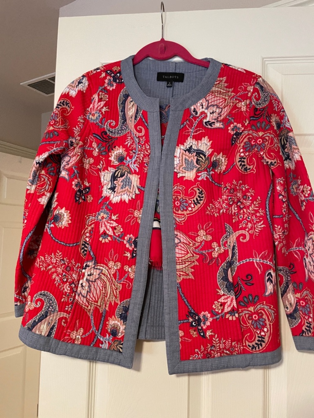 Talbots Red Floral Paisley Quilted Open-Front Jacket with chambray trim